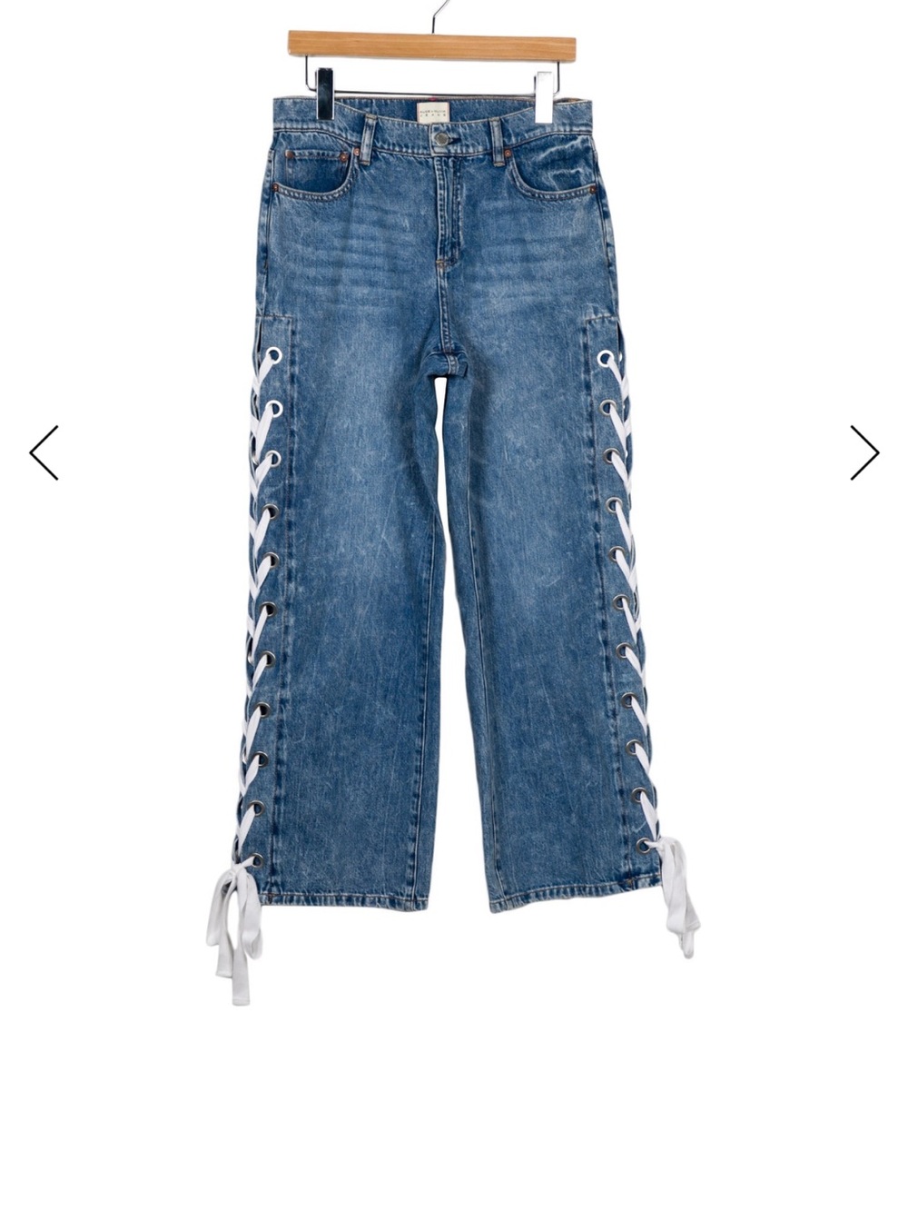 Alice + Olivia Mid-Blue Denim Boot-Cut Jeans with White Lace-Up Sides